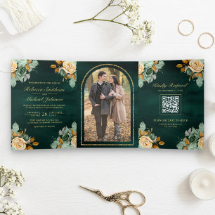 Invitation Trois Volets Code QR Photo Mariage Fleur Or Crème d'Émeraude