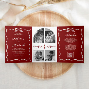 Invitation Trois Volets Code QR photo mariage main dessinée blanche rouge