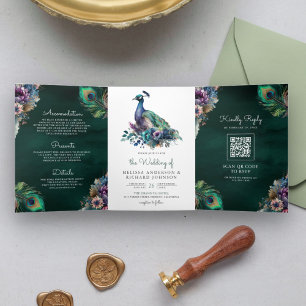 Invitation Trois Volets Code QR Plume Florale de Paon Émeraude Mariage