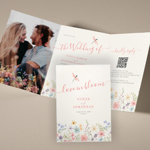 Invitation Trois Volets Code QR RSVP floral mariage tout-en-un