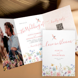 Invitation Trois Volets Code QR RSVP tout en un mariage floral