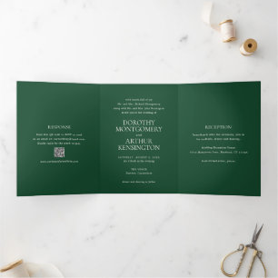 Invitation Trois Volets Code QR Vert Émeraude Moderne Élégant Mariage