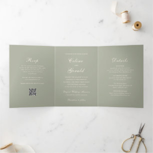 Invitation Trois Volets Code QR Vert Muet Classique Mariage Élégant