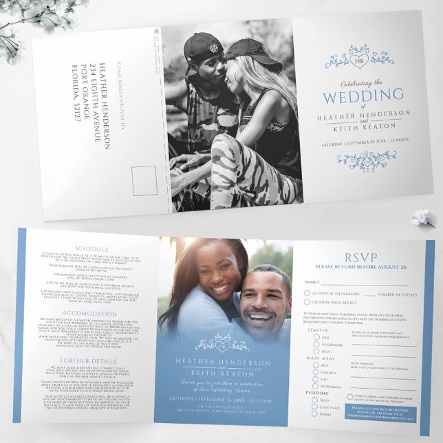 Invitation Trois Volets Coeur de la feuille de monogramme bleu clair maria (Créateur téléchargé)