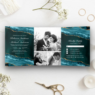 Invitation Trois Volets Collage de photos de mariage Agate Bleu-vert et Or