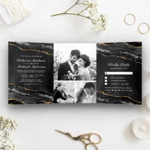 Invitation Trois Volets Collage de photos de mariage en agate noire et dor