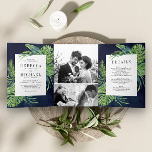 Invitation Trois Volets Collage de photos de palmier Monstera tropical mar