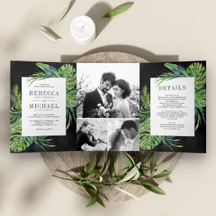 Invitation Trois Volets Collage de photos de palmier Monstera tropical noi
