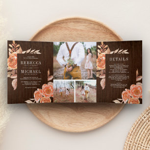 Invitation Trois Volets Collage de photos florales orange brûlé en bois po