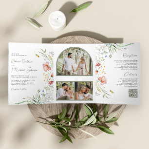 Invitation Trois Volets Collage photo Fleur sauvage rustique Mariage de co
