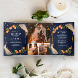Invitation Trois Volets Collage Photo Mariage Citron Orange Or Bleu Marine