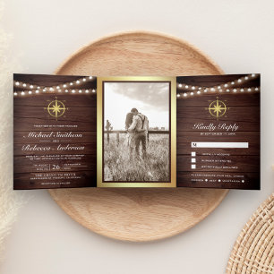 Invitation Trois Volets Compas de mariage en bois rustique nautique or