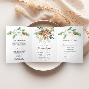 Invitation Trois Volets Cônes de pin à baies blanches 3 en 1 Noël Mariage