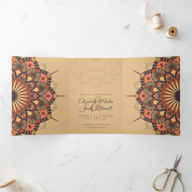 Invitation Trois Volets Contemporain Brown Peach Mandala Mariage (Intérieur)