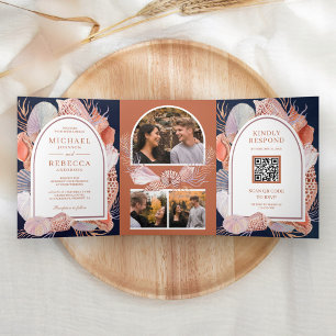 Invitation Trois Volets Coquillages rustiques Mariage de code QR de la mar