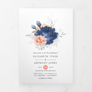 Invitation Trois Volets Corail, marine et Mariage floral argenté