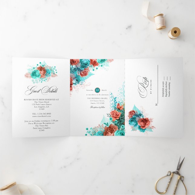 Invitation Trois Volets Corail vivant et Mariage Turquoise (Intérieur)