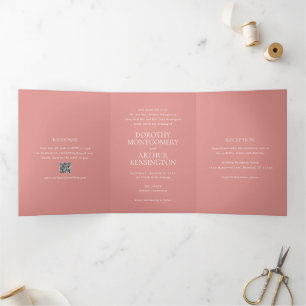 Invitation Trois Volets Coral rose QR Code moderne Mariage élégant