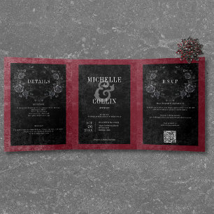 Invitation Trois Volets Corbeau noir gothique et Mariage de vin Rose noir