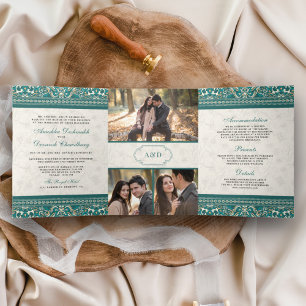 Invitation Trois Volets Côte Turquoise d'ivoire tout en un Mariage indien