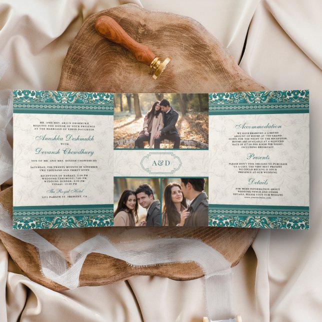 Invitation Trois Volets Côte Turquoise d'ivoire tout en un Mariage indien (Créateur téléchargé)