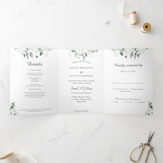 Invitation Trois Volets Coton d'Eucalyptus | Blanc moderne (Intérieur)