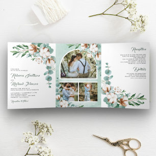 Invitation Trois Volets Coton Eucalyptus photo Collage tout en un Mariage