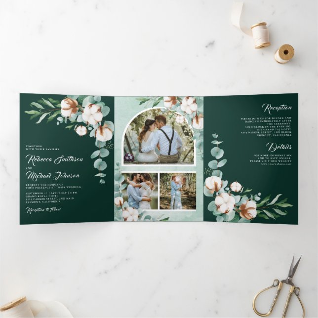 Invitation Trois Volets Cotton Eucalyptus Photo All in One Emerald Wedding (Intérieur)