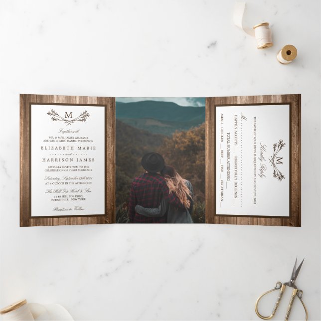 Invitation Trois Volets Country Rustic Monogram Branche & Mariage bois (Intérieur)