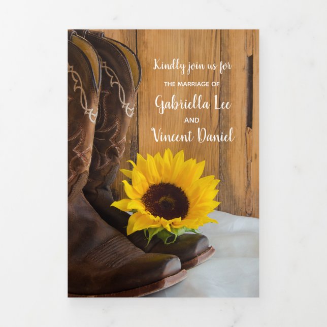 Invitation Trois Volets Country Sunflower Western Grange Mariage (Page de couverture)