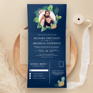 Invitation Trois Volets Couronne de feuilles de palmier vert bleu marine P