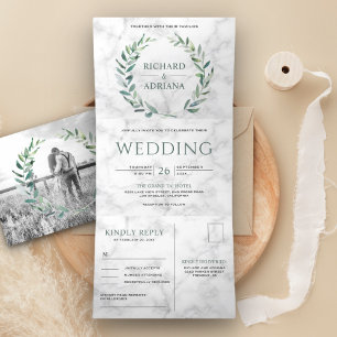 Invitation Trois Volets Couronne de feuilles d'olive vertes sur marbre bla