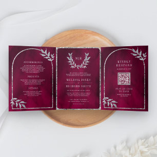 Invitation Trois Volets Couronne de Laurier Argenté Feuilles Fuchsia Rose