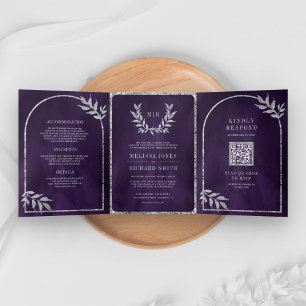 Invitation Trois Volets Couronne de Laurier Argenté Feuilles Mariage Royal