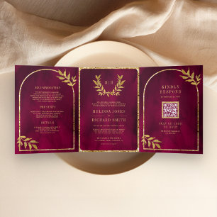 Invitation Trois Volets Couronne de laurier doré Feuilles Fuchsia Magenta