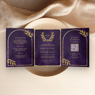 Invitation Trois Volets Couronne de laurier doré feuilles mariage royal po