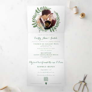 Invitation Trois Volets Couronne de mariage Feuille verte Menthe verte Cen