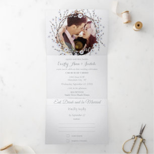 Invitation Trois Volets Couronne de mariage florale en rameau de saule ble