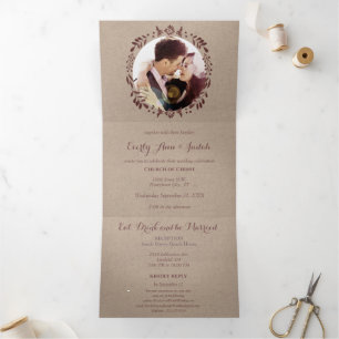 Invitation Trois Volets Couronne de mariage florale rouge Bourgogne profon