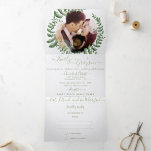 Invitation Trois Volets Couronne de mariage photo Boho verte Eucalyptus
