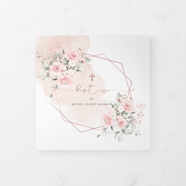 Invitation Trois Volets Couronne de Rose Aquarelle, Bapteme (Protection)