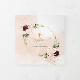 Invitation Trois Volets Couronne de Roses Aquarelle, Bapteme