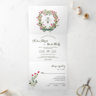 Invitation Trois Volets Couronne florale aquarelle/Jardin de mariage en gu