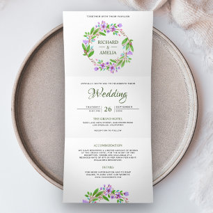 Invitation Trois Volets Couronne florale aquarelle violette pour photo de