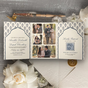 Invitation Trois Volets Cream Navy Blue Ikat All in One Mariage indien