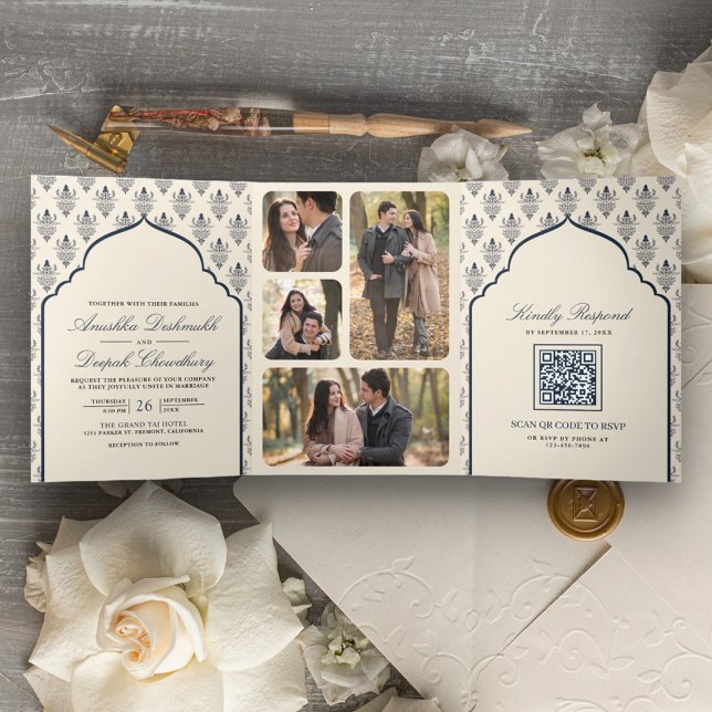 Invitation Trois Volets Cream Navy Blue Ikat All in One Mariage indien (Créateur téléchargé)