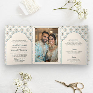 Invitation Trois Volets Crème Bleue Pastel Ikat Robe Indienne pour Mariage