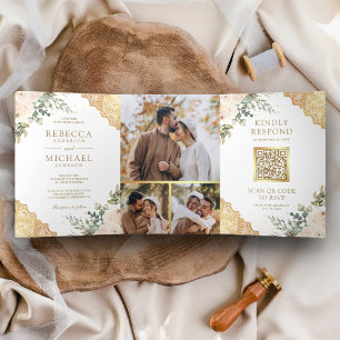 Invitation Trois Volets Crème douce Rose Gold Lace QR Code Mariage