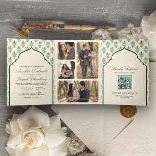 Invitation Trois Volets Crème Emerald Green Ikat All in One Mariage indien