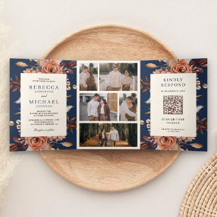 Invitation Trois Volets Crème et Terracotta Floral QR Code Marine Mariage